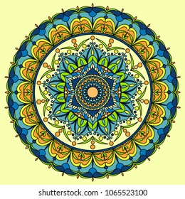Vibrant color mandala. Circle mandala, with geometric and nature ornament. Vector illustration. 