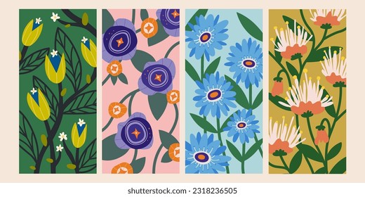 Vibrant color set of floral patterns in hand drawn style on beige background. Suitable for spring season wallpaper, fabric prints, and design templates