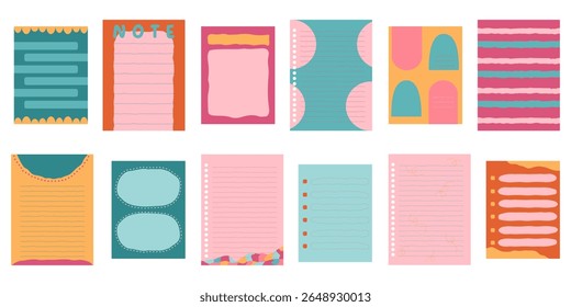 Vibrant color sticky paper notes for daily planner, hand drawn memo sheet stickers. Pins and paper clips, paper note, to-do list and reminder, blank diary pages set. pink green yellow.