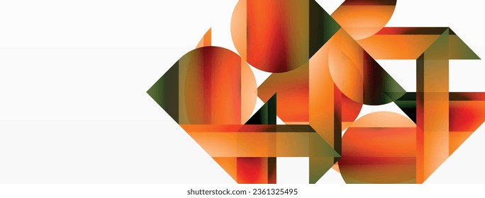 Vibrant color triangles and circles on white background intertwine to create captivating and harmoniously balanced composition for digital designs, presentations, website banners, social media posts