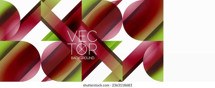 Vibrant color triangles and circles on white background intertwine to create captivating and harmoniously balanced composition for digital designs, presentations, website banners, social media posts
