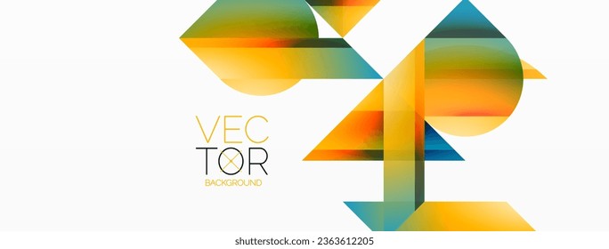 Vibrant color triangles and circles on white background intertwine to create captivating and harmoniously balanced composition for digital designs, presentations, website banners, social media posts