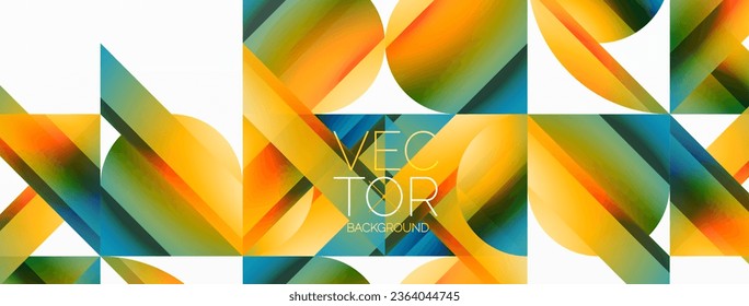Vibrant color triangles and circles on white background intertwine to create captivating and harmoniously balanced composition for digital designs, presentations, website banners, social media posts