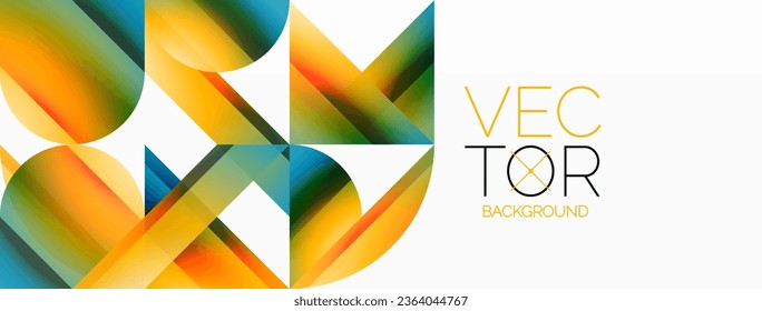 Vibrantes triángulos de colores y círculos sobre el fondo blanco se entrelazan para crear una composición cautivadora y armoniosamente equilibrada para diseños digitales, presentaciones, banners de sitios web, publicaciones en medios sociales