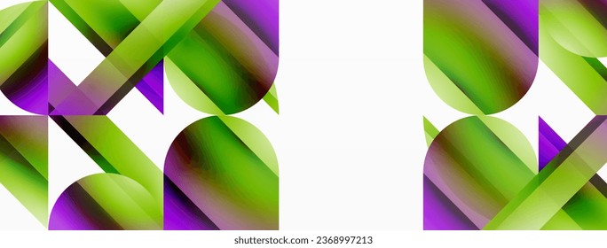 Vibrant color triangles and circles on white background intertwine to create captivating and harmoniously balanced composition for digital designs, presentations, website banners, social media posts