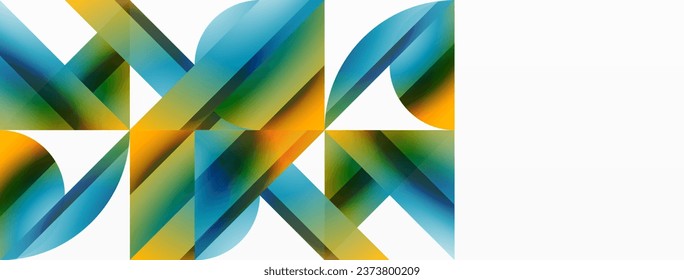 Vibrant color triangles and circles on white background intertwine to create captivating and harmoniously balanced composition for digital designs, presentations, website banners, social media posts