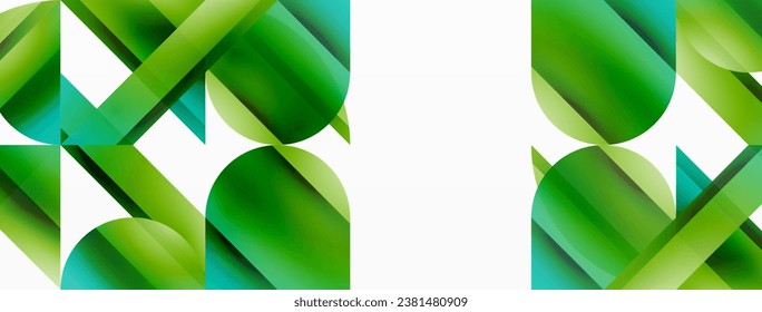 Vibrant color triangles and circles on white background intertwine to create captivating and harmoniously balanced composition for digital designs, presentations, website banners, social media posts