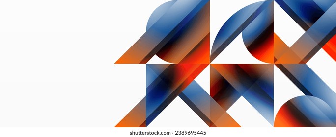 Vibrant color triangles and circles on white background intertwine to create captivating and harmoniously balanced composition for digital designs, presentations, website banners, social media posts