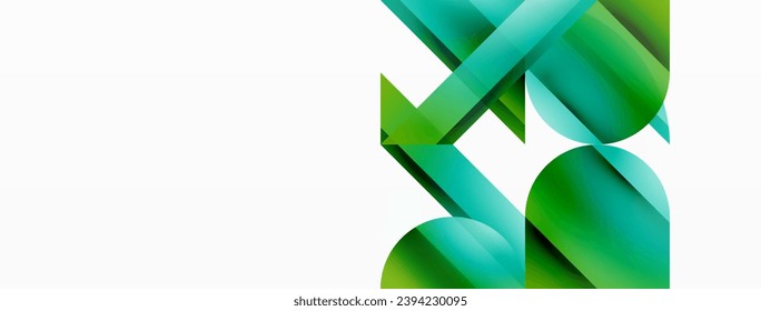 Vibrant color triangles and circles on white background intertwine to create captivating and harmoniously balanced composition for digital designs, presentations, website banners, social media posts