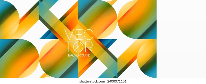 Vibrant color triangles and circles on white background intertwine to create captivating and harmoniously balanced composition for digital designs, presentations, website banners, social media posts