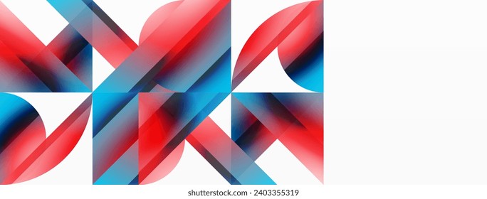 Vibrant color triangles and circles on white background intertwine to create captivating and harmoniously balanced composition for digital designs, presentations, website banners, social media posts