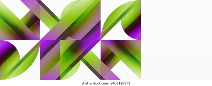 Vibrant color triangles and circles on white background intertwine to create captivating and harmoniously balanced composition for digital designs, presentations, website banners, social media posts