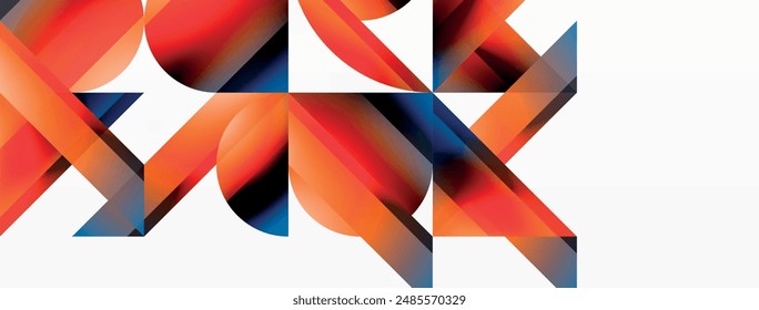 Vibrant color triangles and circles on white background intertwine to create captivating and harmoniously balanced composition for digital designs, presentations, website banners, social media posts