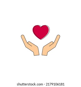 Un vibrante icono vector de color del corazón sobre manos extendidas. Adecuado para sitios web, aplicaciones, libros, artículos, banners 