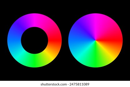 Vibrant color wheel with a gradient spectrum from red to violet, showcasing a full range of hues. Ideal for graphic design, color theory, RGB, CMYK, harmony, contrast, palette, spectrum