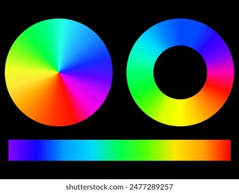 Vibrant color wheel with a gradient spectrum from red to violet, showcasing a full range of hues. Ideal for graphic design, color theory, RGB, CMYK, harmony, contrast, palette, spectrum