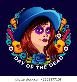 Vibrant color woman with sugar skull make up, day of the dead sticker