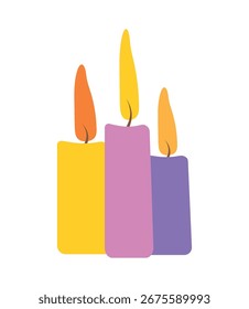 Velas coloridas vibrantes com ilustração de vetor de chamas. Velas coloridas vibrantes em amarelo, rosa e roxo com chamas brilhantes. 