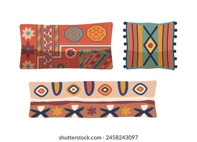 Lebendige Kissen im orientalischen Stil mit osmanischen Motiven, die mit geometrischen Mustern und dekorativen Quasten verziert sind