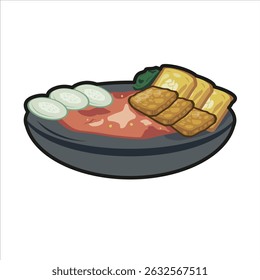 Uma ilustração plana de cor vibrante de cobek sambal, apresentando pimenta vermelha e argamassa, perfeito para projetos de alimentos condimentados.