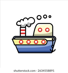 A vibrant colored flat illustration of a steamboat, featuring red and black tones, ideal for tourism and heritage visuals.
