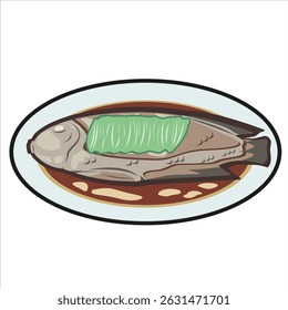 Uma vibrante ilustração plana colorida de peixe cozido no vapor, mostrando um peixe inteiro com temperos coloridos.