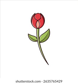 A vibrant colored flat illustration of a tulip, featuring its red petals and green stem, great for spring and garden visuals.