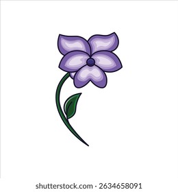 A vibrant colored flat illustration of a violet flower, featuring rich purple petals and green leaves, ideal for garden and springtime visuals.