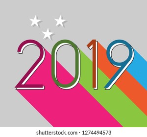 Vibrant colored new year 2019 card with long shadow for invitation cards, greetings, christmas congratulations and seasonal holidays flyers etc
