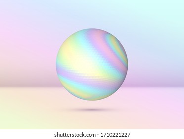 Vibrant colored vaporwave styled abstract ball shape with holographic texture on violet and pink background. 90s styled hologram abstraction