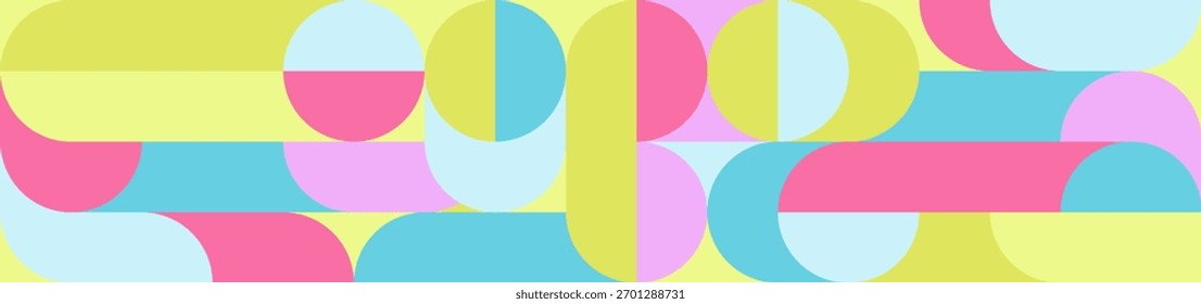 Un patrón vibrante, colorido y sin fisuras estilo años 90 con Formas geométricas y círculos rosas y azules.
