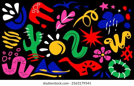 a vibrant and colorful abstract composition featuring various shapes and symbols against a black background. The elements include a mix of organic and geometric forms.