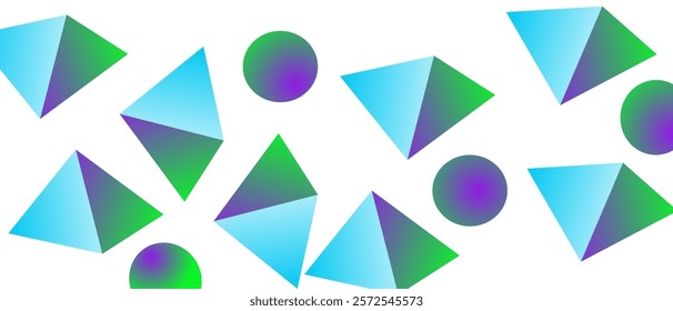 A vibrant and colorful abstract composition featuring a variety of geometric shapes, including pyramids and circles. The shapes are arranged in a dynamic and eye-catching pattern against 