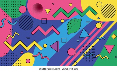 A vibrant and colorful abstract composition featuring geometric shapes, patterns, and a central lemon illustration.