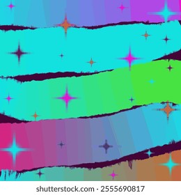 A vibrant, colorful abstract design showcasing a rainbow of colors layered with textured brushstrokes and sparkling stars.  A fun and playful background perfect for a variety of uses.