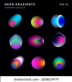 Vibrant colorful abstract gradient blurs, neon spots, blurred circles. Set of design elements for poster, cover, logotype.