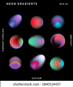 Vibrant colorful abstract gradient blurs, neon spots, blurred circles. Set of design elements for poster, cover, logotype.