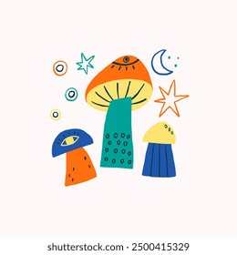 Vibrant and colorful abstract illustration of mushrooms with stars and the moon in the night sky. Perfect for whimsical and playful designs.