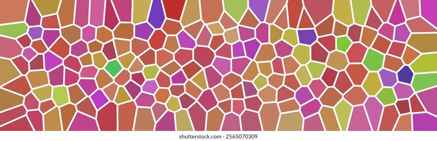 A vibrant and colorful abstract mosaic pattern featuring a variety of geometric shapes in warm and cool tones. The pattern creates a sense of movement and energy.