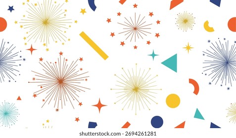 A vibrant and colorful abstract pattern featuring fireworks and geometric shapes for festive celebrations.