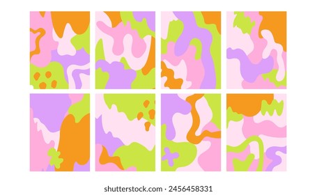 Vibrant colorful abstract posters set. Hand drawn minimal positive psychedelic backgrounds and templates collection with wavy contemporary shapes. Vector illustration.