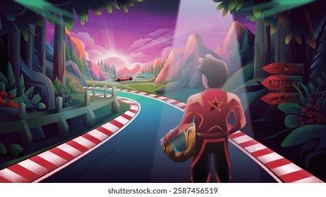 A vibrant and colorful arcade racing scene at sunset, featuring a character in a superhero costume standing at the starting line, ready for an adventure.