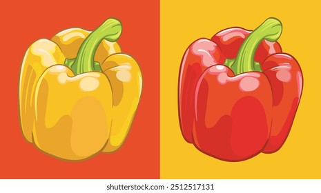 Vibrant Colorful Bell Pepper Duo: A Bold and Artistic Contrast of Red and Yellow, Showcasing the Perfect Harmony of Fresh, Juicy Vegetables with Glossy Highlights and Playful Backgrounds