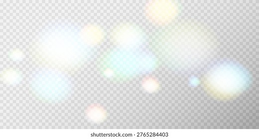 Vibrant colorful bokeh background with blurred circles, glowing light particles, abstract defocused effect, bright festive vector illustration.