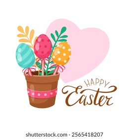 A vibrant and colorful bouquet of Easter eggs arranged beautifully in a decorative pot. Happy Easter. Vector illustration. On white background.