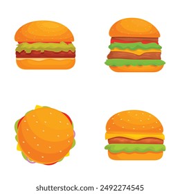 Vibrant and colorful cartoon burger set illustration collection with cheeseburger. Hamburger. And sandwich icons on white background for fast food restaurant menu. Children's graphic design