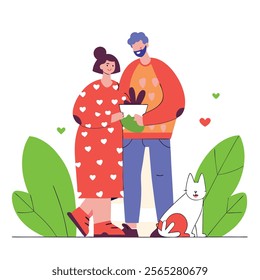 A vibrant, colorful cartoon illustration depicting a happy couple in a geometric style. Perfect for websites, blogs, social media, cards, and other projects needing a cheerful, modern design..