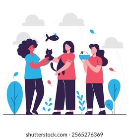 A vibrant, colorful cartoon illustration featuring three happy women friends. Perfect for websites, blogs, social media, and publications needing cheerful and friendly imagery related 