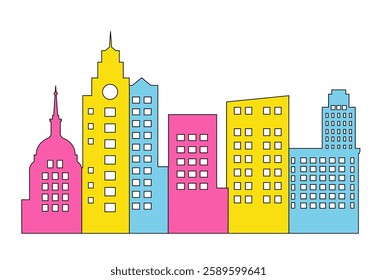 Vibrant and colorful cityscape illustrating modern architecture and urban development, ideal for projects related to city life, travel, and real estate