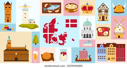 A vibrant and colorful collage that showcases the famous landmarks, delicious food, and rich traditions of Denmark vector illustration. Represents danish national identity.